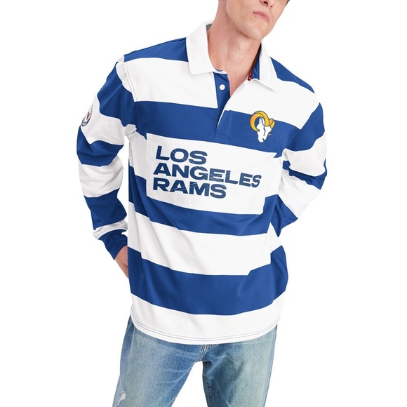 Men's Tommy Hilfiger Los Angeles Rams Varsity Stripe Rugby Long Sleeve Polo - Picture 2 of 7